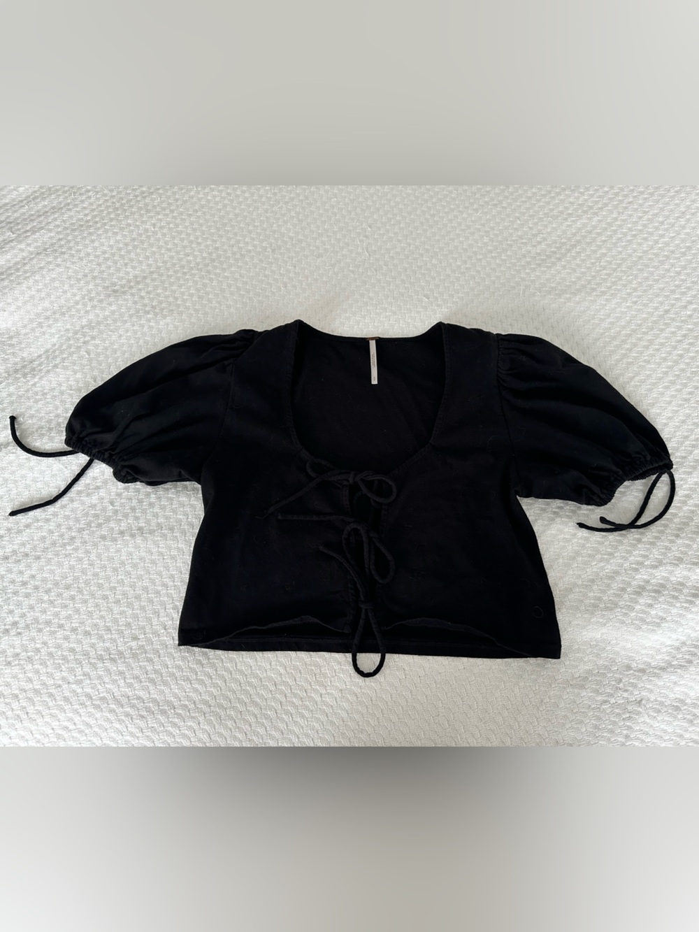 Free People Black Puff Sleeve Tie-Front Top